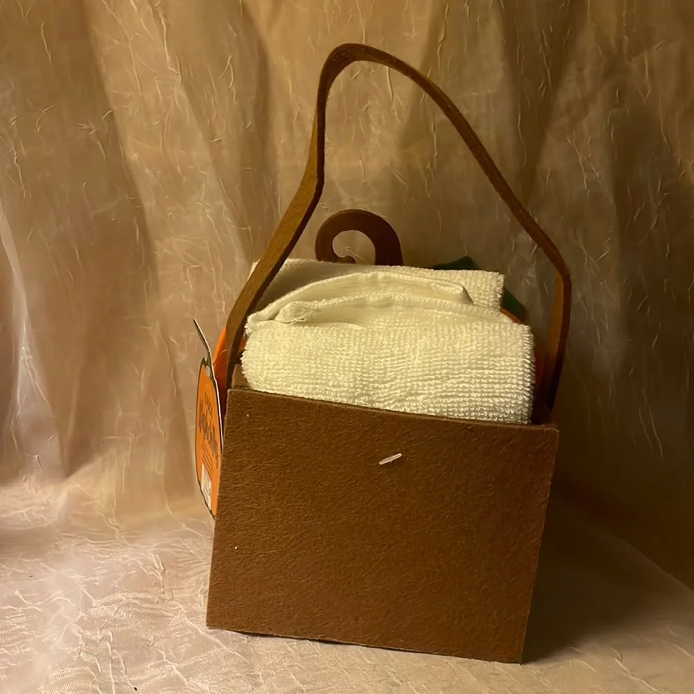 NWT- 3 pack washcloths 100% cotton in felt basket w/ pumpkin on front